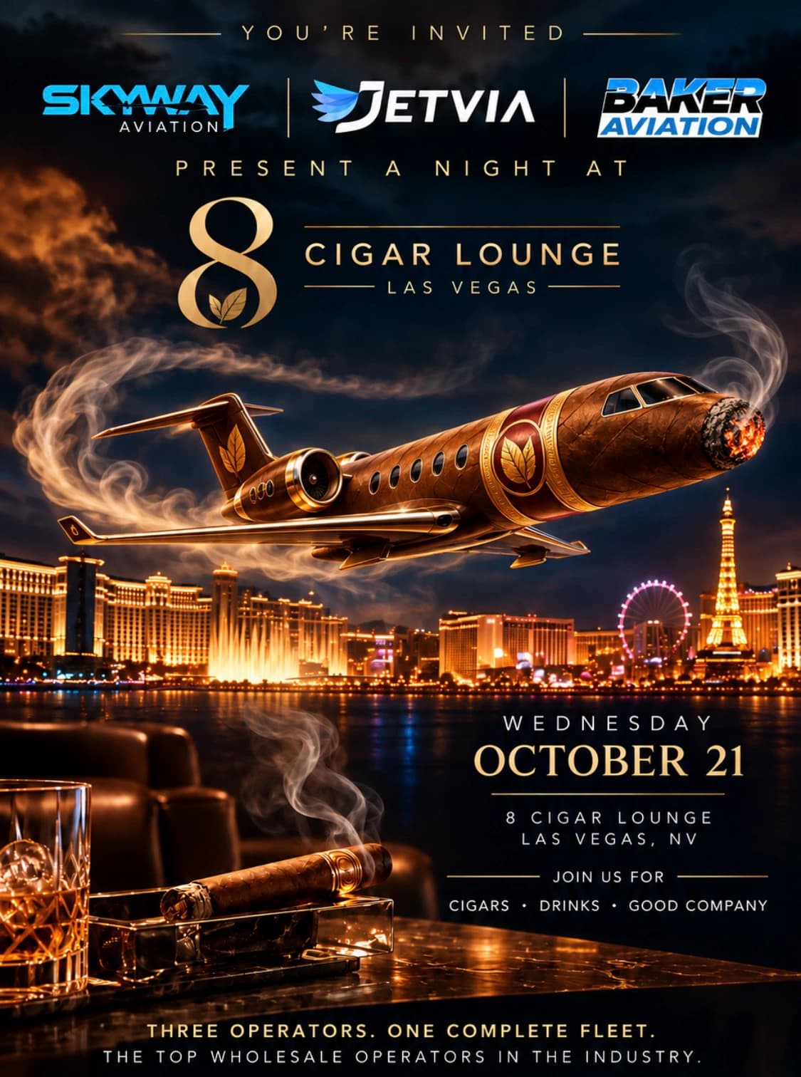 Skyway Aviation, Jetvia and Baker Aviation present A Night at 8 Cigar Lounge — Wednesday October 21, Las Vegas